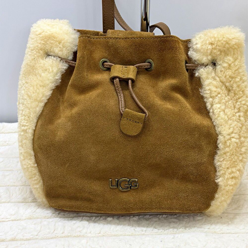 UGG Fey 2-Way Mini Suede Backpack Crossbody Sheepskin Trim Chestnut with Cream